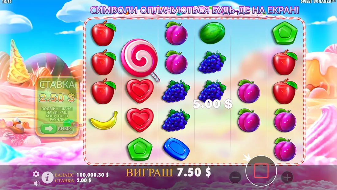 Гра в автомат Sweet Bonanza Гральний автомат Sweet Bonanza з фруктовими символами, такими як яблука, виноград, банани, та спеціальним льодяником, що використовується як символ Scatter