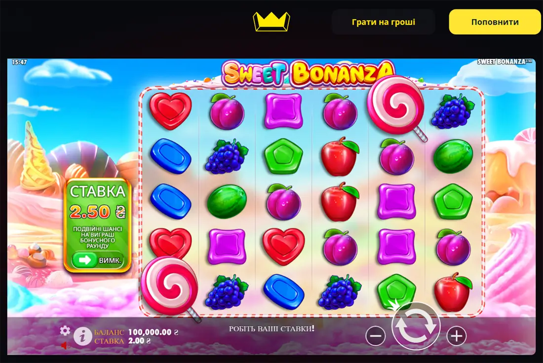 Початок гри Sweet Bonanza Початковий екран гри Sweet Bonanza з різними фруктовими символами та інформацією про ставки