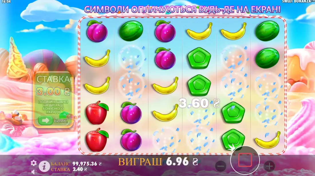 Виграш у Sweet Bonanza Екран виграшу у грі Sweet Bonanza, що показує фруктові комбінації та загальну суму виграшу